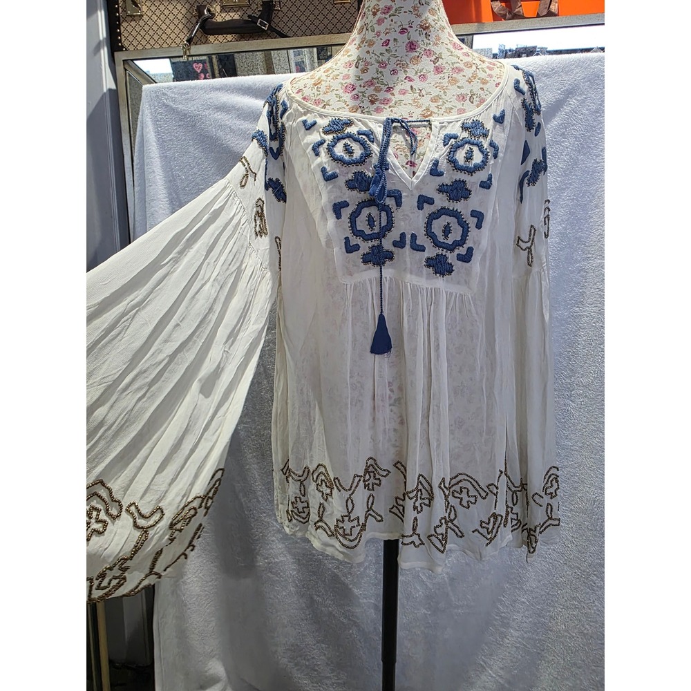 Boho Embroidered Beaded Bell Sleeve Tassel Peasant Blouse Romantic Cottagecore - Picture 1 of 9